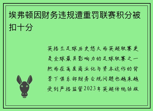 埃弗顿因财务违规遭重罚联赛积分被扣十分